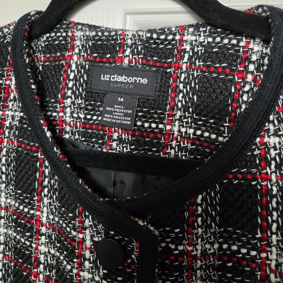 Liz Claiborne Black & Red Plaid Tweed Jacket – Classic Button-Front Blazer Sz 14 - Picture 3 of 10